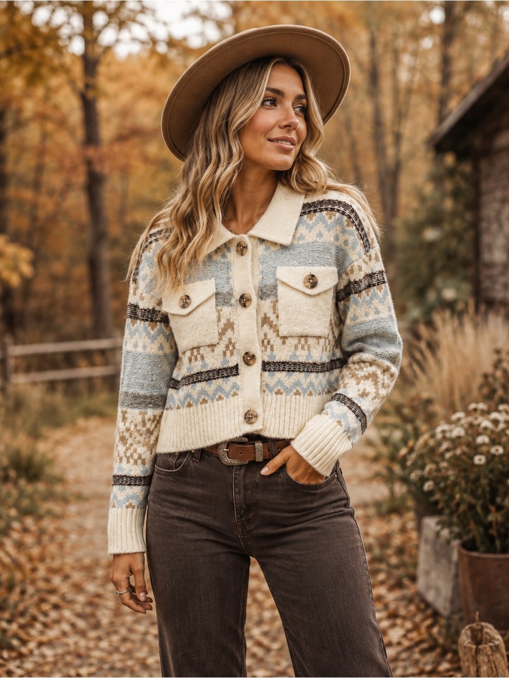 Pink Rose Cream & Light Blue Fair Isle Button-Up Cardigan